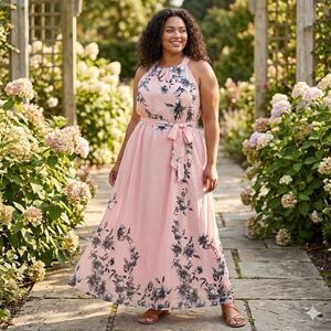 Boho Floral Halter Maxi Dress Pink Grey 3XL Sleeveless High Neck Chiffon Feel